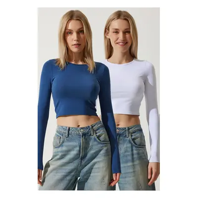 Happiness İstanbul Women's White Indigo Blue Crew Neck Basic 2-Pack Crop Knitted Blouse