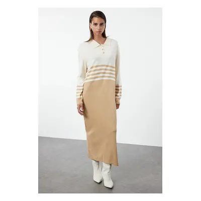 Trendyol Brown Stone Buttoned Color Block Knit Dress