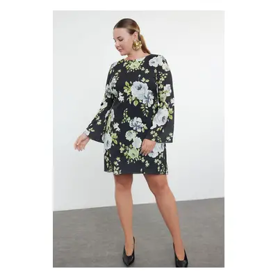 Trendyol Curve Black Boat Neck Floral Patterned Satin Dress