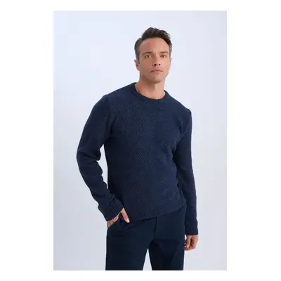 DEFACTO Navy Blue Standard Fit Regular Cut Crew Neck Textured Basic Plain Knitwear Sweater