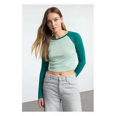 Trendyol Mint Raglan Sleeve Rib Fitted/Fits Crop Knit T-Shirt