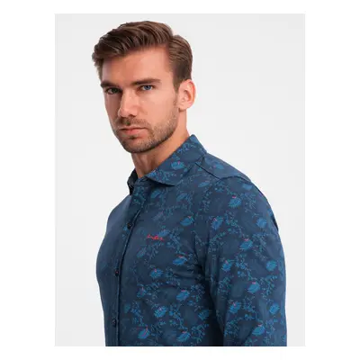 Ombre Men's cotton shirt with floral motif - navy blue