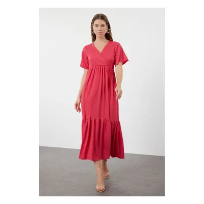 Trendyol Fuchsia Plain Maxi Double Breasted Skirt Ruffle Textured Short Sleeve Flexible Knitted 