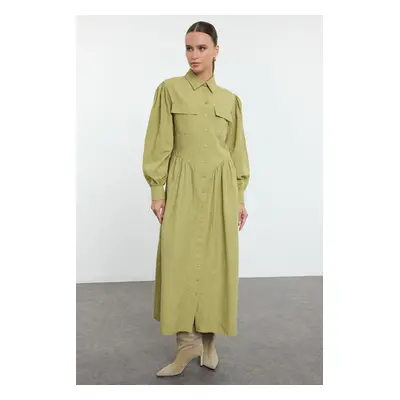 Trendyol Oil Green Poplin Woven Pleated Detail Pocket Woven Shirt Button Dress