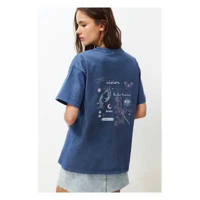 Trendyol Indigo 100% Cotton Faded Effect Back Printed Boyfriend Crew Neck Knitted T-Shirt