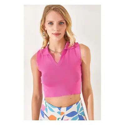 Olalook Women Fuchsia Polo Neck, Sleeveless Crop, Knitwear Blouse