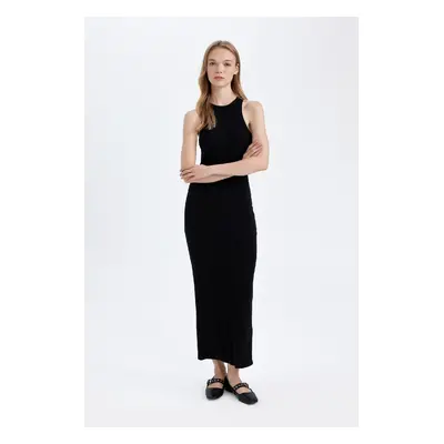 DEFACTO Bodycon Halter Neck Basic Plain Ribbed Camisole Sleeveless Maxi Black Dress