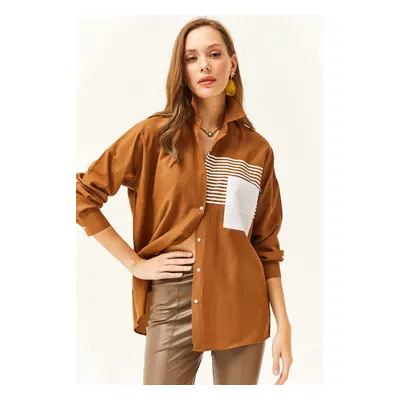 Olalook Women's Brown Pocket Detailed Oversize Woven Shirt