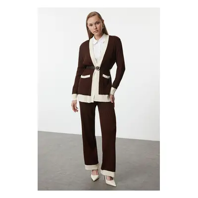 Trendyol Dark Brown Ribbed Knitted Sweater Cardigan Trousers Top-Bottom Set