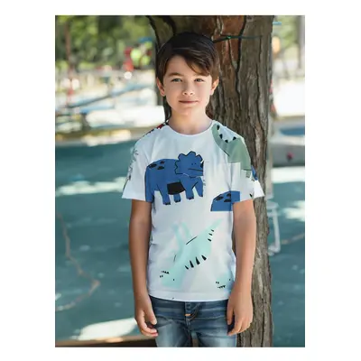 Trendyol White Boy's Dinosaur Patterned Short Sleeve Cotton Knitted T-Shirt