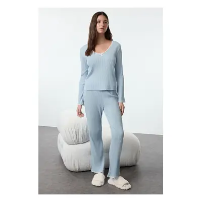 Trendyol Baby Blue Lace and Ribbon/Bow Detail Ribbed Knitted Pajama Set