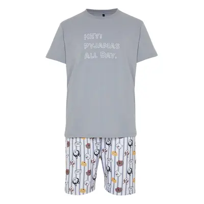 Trendyol Gray Regular Fit Printed Knitted Shorts Pajamas Set