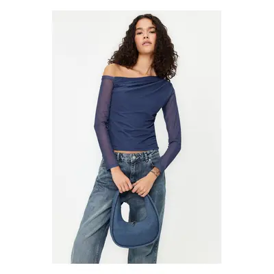 Trendyol Indigo Tulle Lined Asymmetric Collar Knitted Blouse