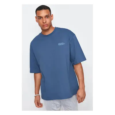 Trendyol Indigo Oversize 100% Cotton Crew Neck Minimal Text Printed T-Shirt