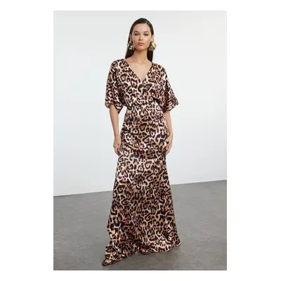 Trendyol Multicolored A-Line Leopard Patterned Satin Long Evening Dress