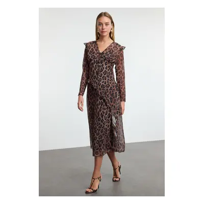 Trendyol Multicolored Leopard Print Lined Chiffon Woven Midi Dress