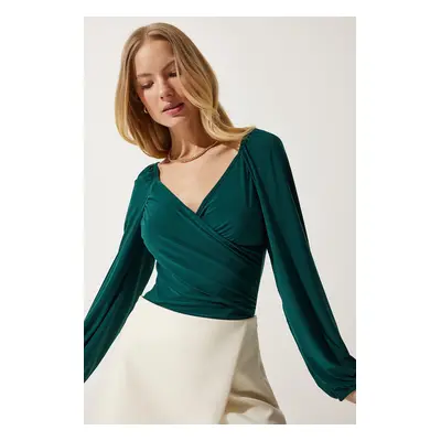 Happiness İstanbul Women's Emerald Green Elastic Balloon Sleeve Sandy Knitted Blouse