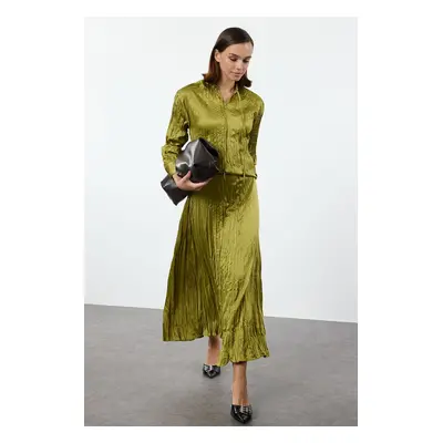 Trendyol Oil Green Satin Pleated Woven Bottom-Top Set