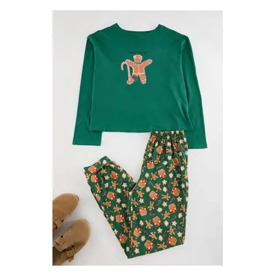 Trendyol Green 100% Cotton Christmas Themed Knitted Pajama Set