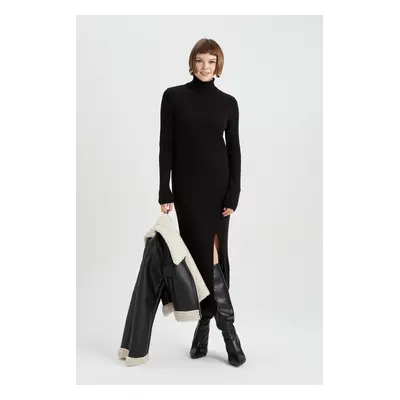 DEFACTO Fitted Turtleneck Basic Plain Long Sleeve Slit Midi Knit Dress