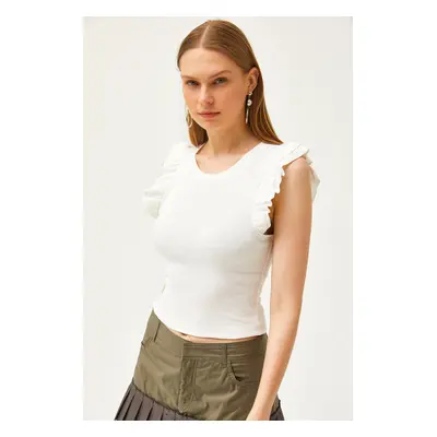 Olalook Women's Ecru Double Layer Frilly Lycra Crop Cotton Blouse