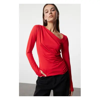 Trendyol Red Soft Touch/Soft Fabric Fitted Asymmetrical Collar Stretchy Knitted Blouse