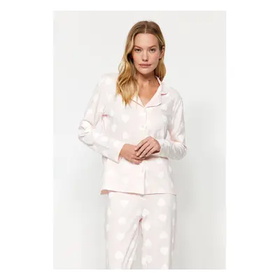 Trendyol Premium Powder 100% Cotton Heart Puff Patterned Shirt-Pants Knitted Pajama Set