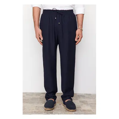 Trendyol Navy Blue Tapered Elastic Waist Tied Linen Look Trousers