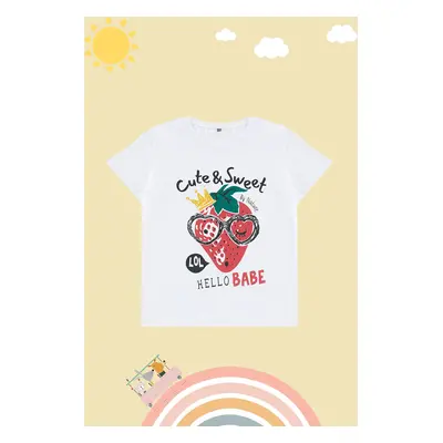 Trendyol White Girl Strawberry Patterned Crew Neck Cotton Knitted Short Sleeve T-Shirt