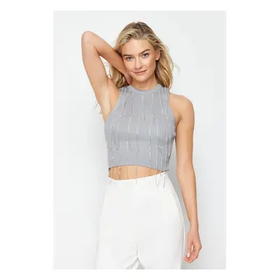 Trendyol Gray Crop Stone Detailed Knitwear Blouse