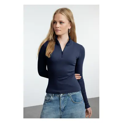 Trendyol Navy Blue Fitted/Fits the Body Zippered Collar Flexible Knitted Blouse