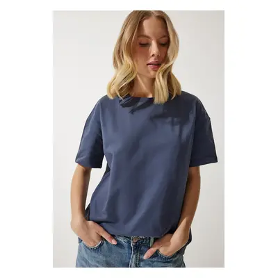 Happiness İstanbul Women's Smoked Loose Basic Cotton T-Shirt