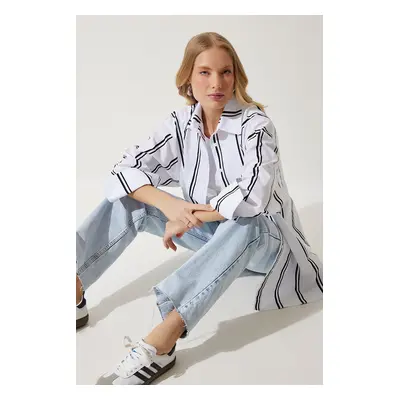 Happiness İstanbul Women's White Black Striped Oversize Poplin Shirt