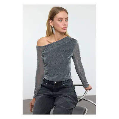 Trendyol Gray Asymmetric Collar Glittery Knitted Blouse