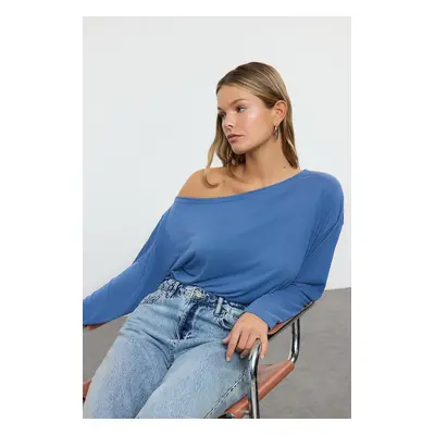 Trendyol Indigo 100% Modal Fabric Boat Neck Relaxed/Comfortable Cut Knitted Blouse