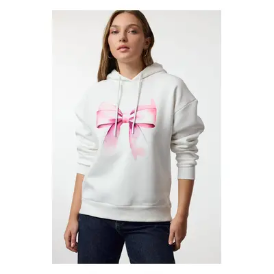 Trendyol Ecru Bow Printed Oversize/Wide Fit Hooded Thick Inside Fleece Knitted Sweatshirt