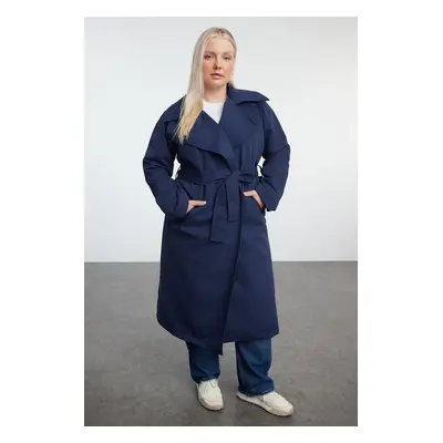 Trendyol Curve Navy Blue Maxi Length Belted Technical Fabric Trench Coat