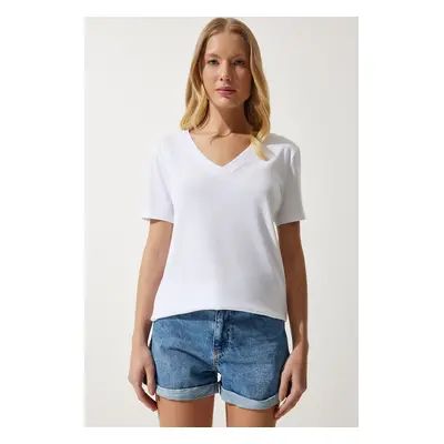 Happiness İstanbul Women's White V-Neck Modal Knitted T-Shirt