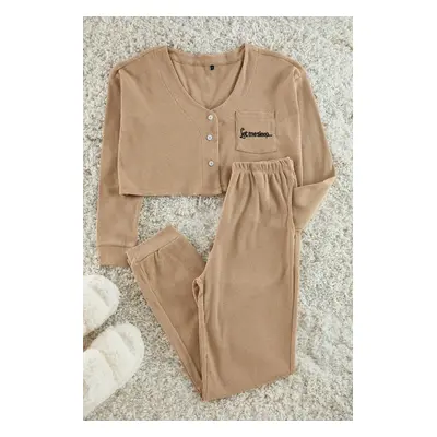 Trendyol Beige Corded Cotton Embroidered Knitted Pajama Set