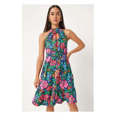 Happiness İstanbul Women's Pink Blue Belted Floral Patterned Midi Dress