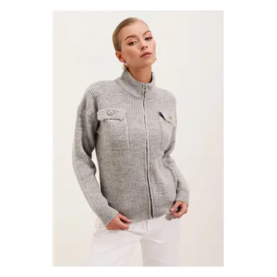 Bigdart Pocket Detailed Zippered Knitwear Cardigan - Gray