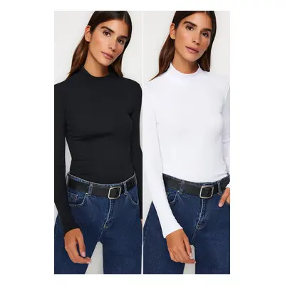 Trendyol Black-White Pack Ribbed Stand Collar Fitted Long Sleeve Stretchy Knitted Blouse