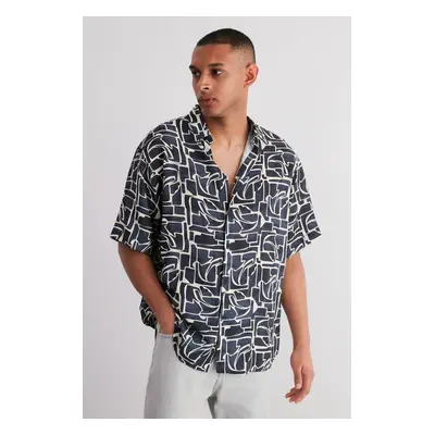 Trendyol Navy Blue Oversize Fit 100% Viscose Patterned Short Sleeve Casual Summer Shirt