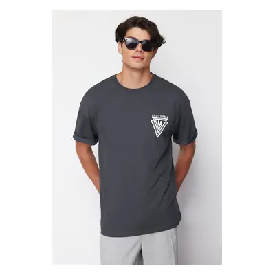 Trendyol Anthracite Oversize/Wide Cut City Printed 100% T-Shirt