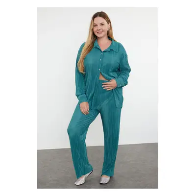 Trendyol Curve Emerald Green Elastic Waisted Pleated Plus Size Shirt Trousers Bottom-Top Set