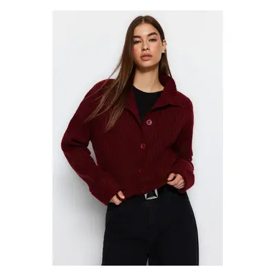 Trendyol Burgundy Crop Soft Textured High Neck Knitwear Cardigan