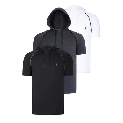 TRIPLE SET T8570 DEWBERRY HOODED MEN'S T-SHIRT-ANTHRACITE-WHITE-BLACK