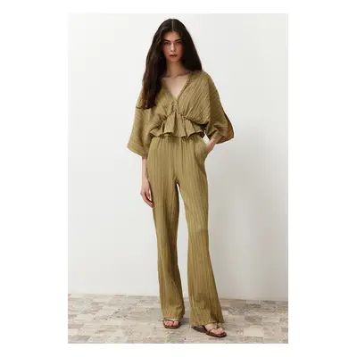 Trendyol Khaki Elastic Waist Textured Fabric Woven Trousers