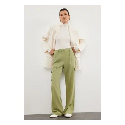 Trendyol Khaki Cargo Wide Leg Contrast Stitching Detailed Woven Trousers