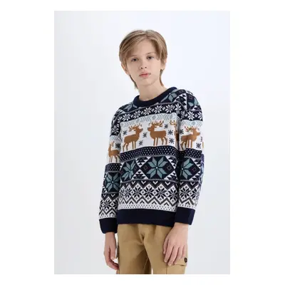 DEFACTO Boy's Crew Neck Christmas Themed Knitwear Sweater